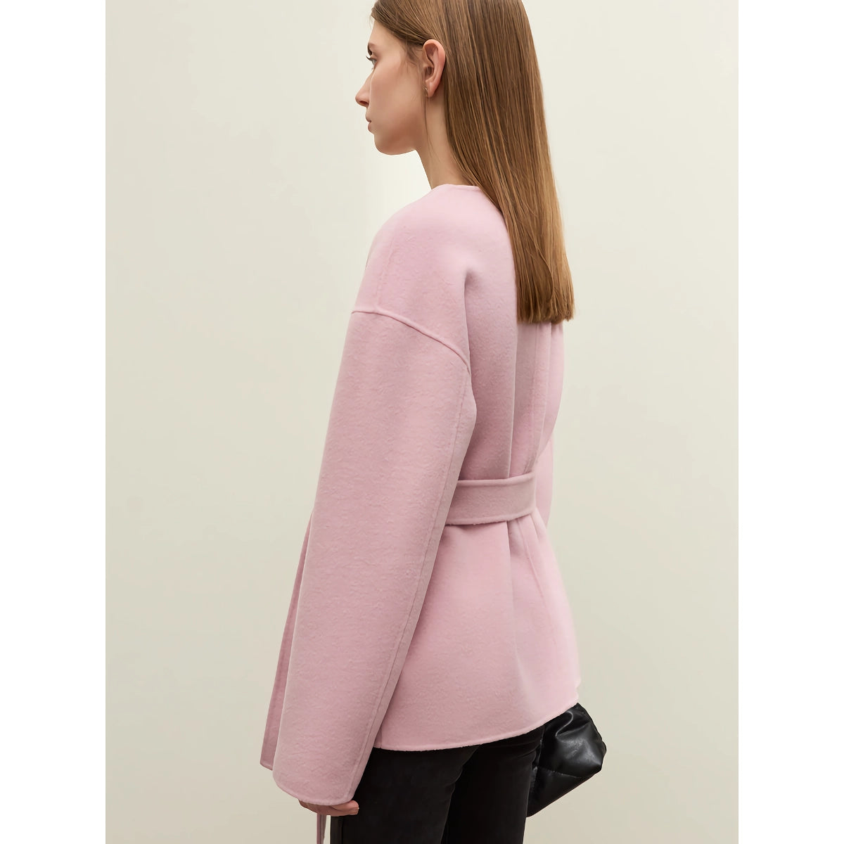 Elegante abrigo de lana para mujer: chaqueta térmica con cuello en V y cinturón