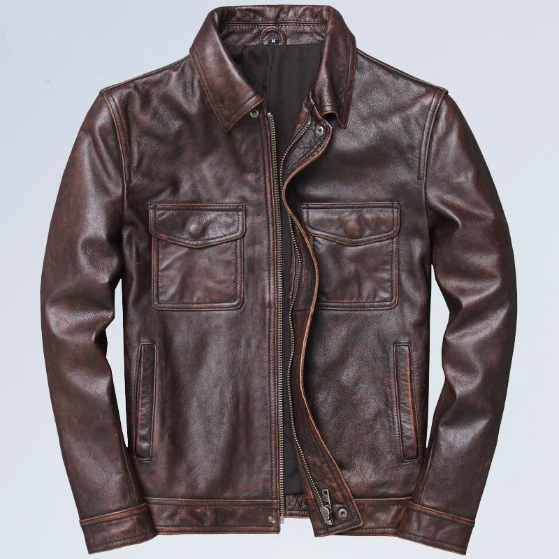 Chaqueta de cuero retro informal con solapa para hombre, de motociclista