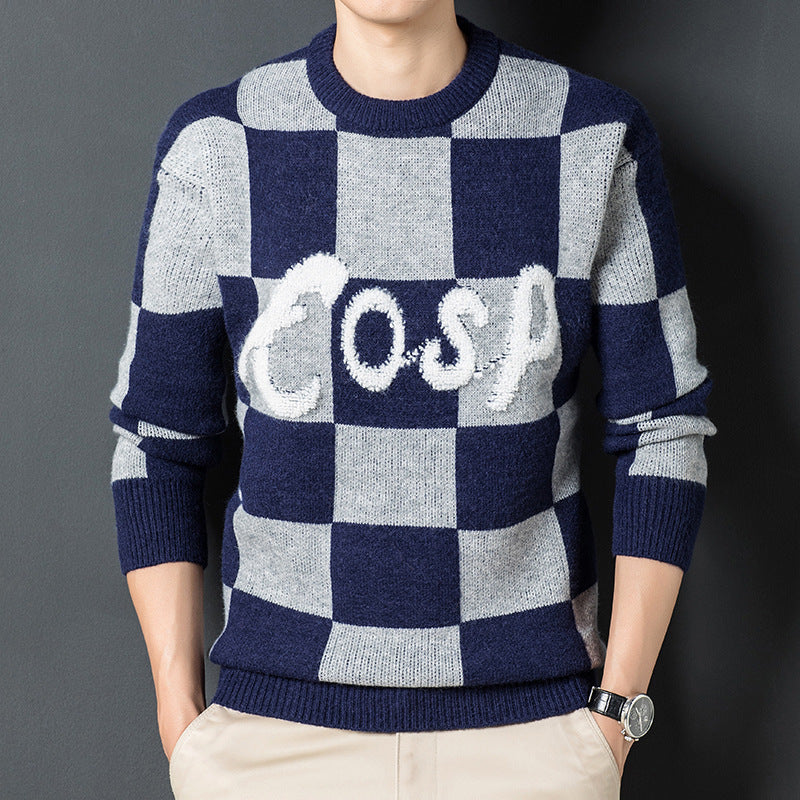 Suéter de cuadros con cuello redondo, suave, cálido y grueso