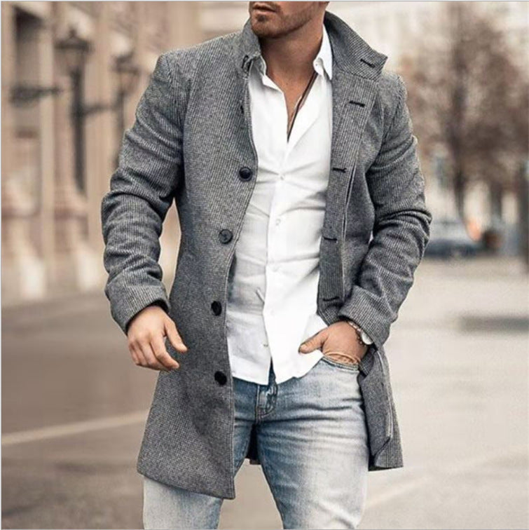 Abrigo informal de lana con cuello alto y bolsillos de longitud media para hombre para otoño e invierno