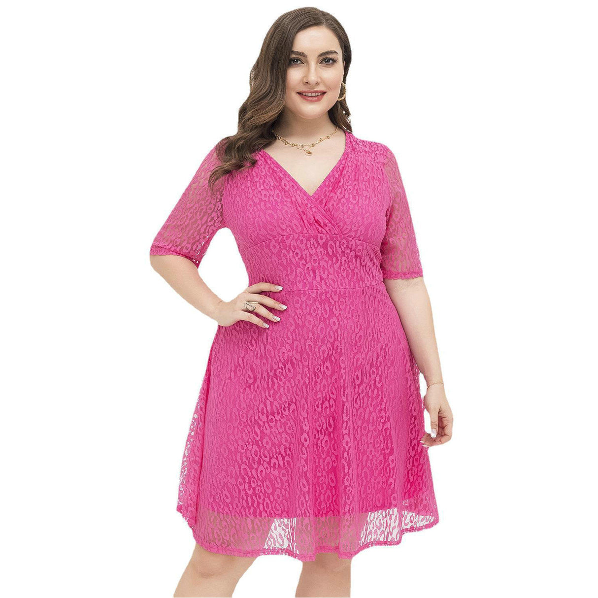 Lässiges Spitzenkleid mit enger Taille und V-Ausschnitt
