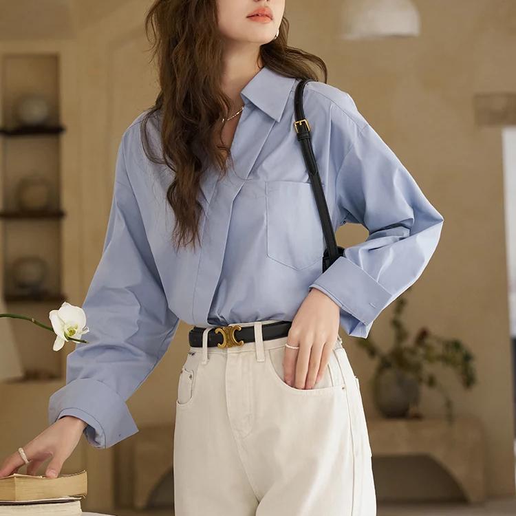 Camisa de manga larga con cuello vuelto y escote en V estilo retro francés para mujer
