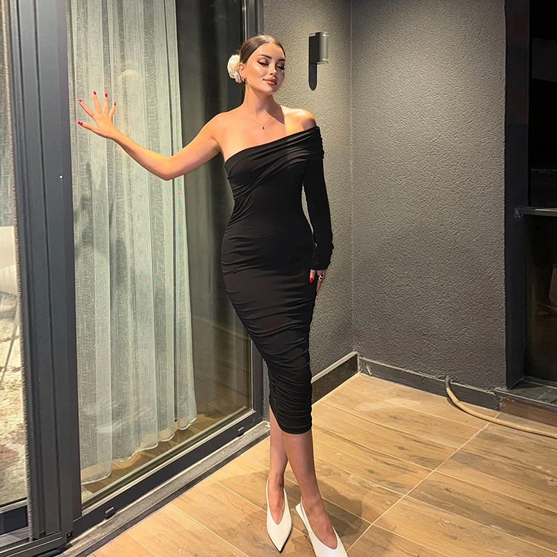 Vestido plisado de manga larga con un solo hombro para mujer