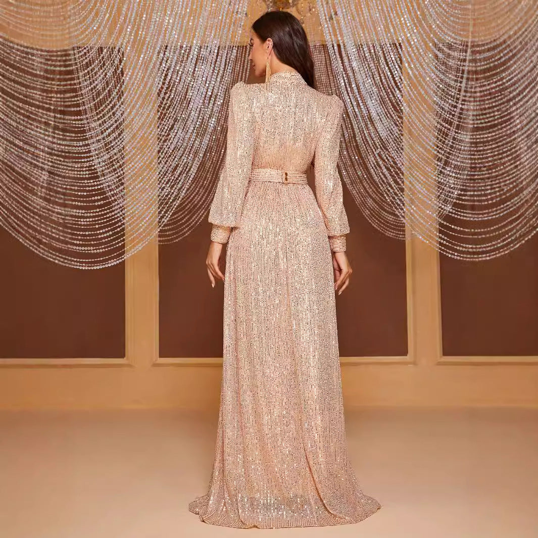 Vestido de noche largo con cuello alto y manga larga con lentejuelas de color puro, sencillo y elegante