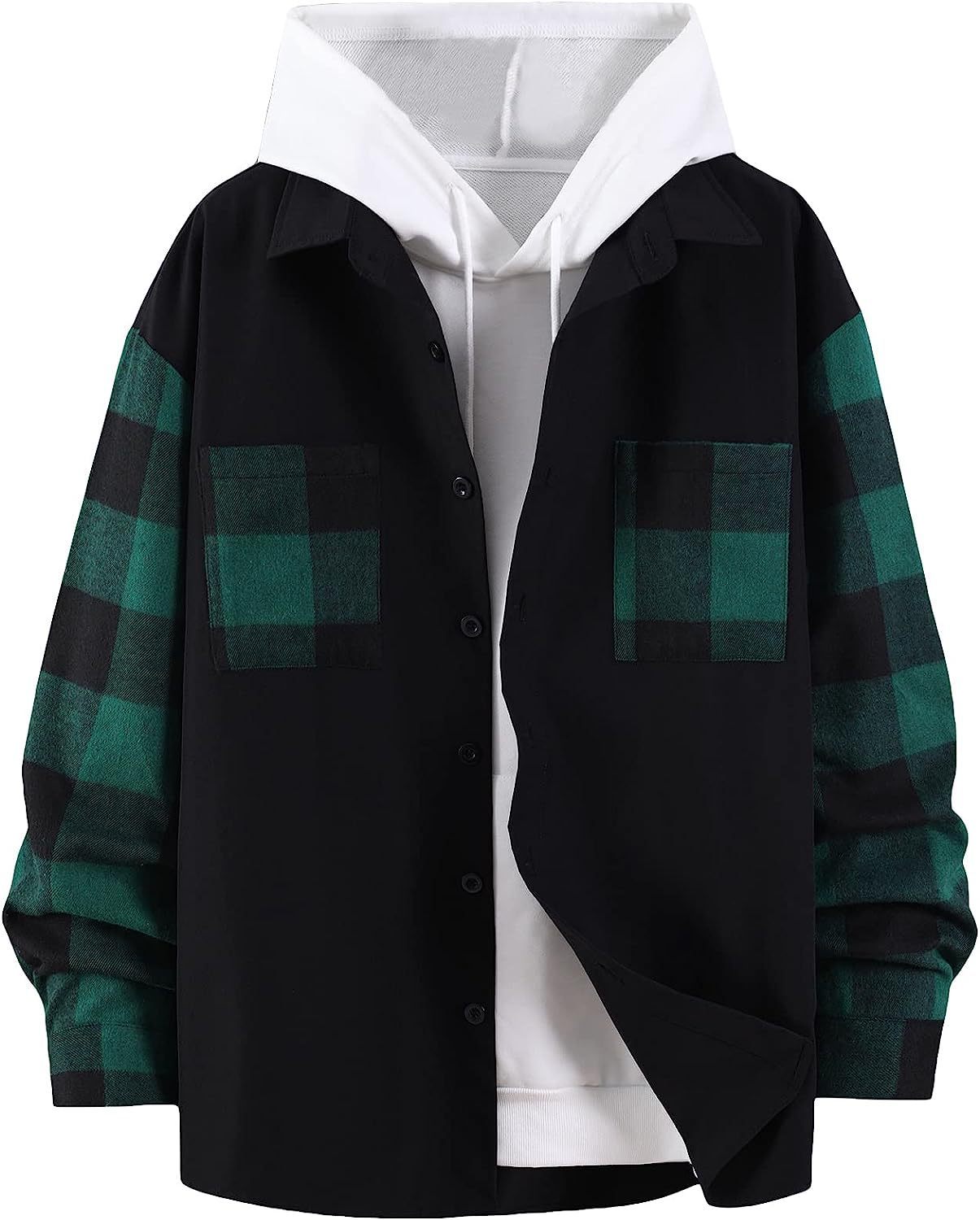 Camisa casual de manga larga con bloques de colores y cuadros para hombre de otoño