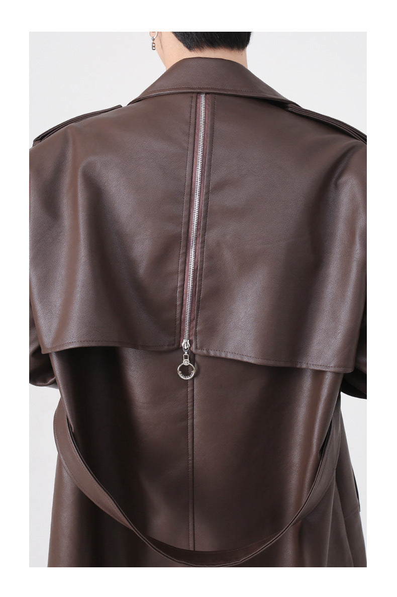 Design Sense Metal Zipper PU Shoulder Pad Medium Length Coat