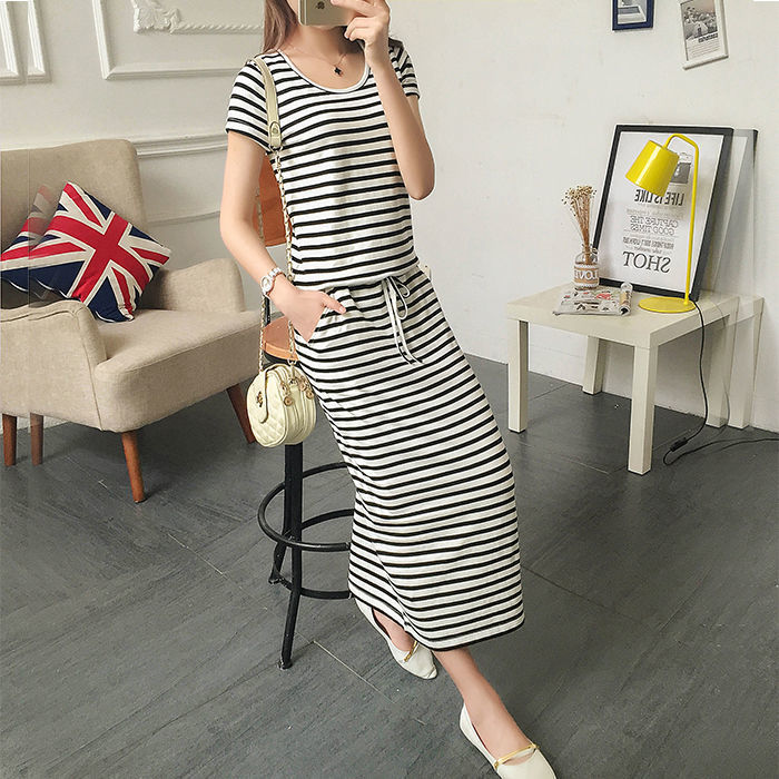 Round Neck Striped Cinched Plus Size Short Sleeve Dress