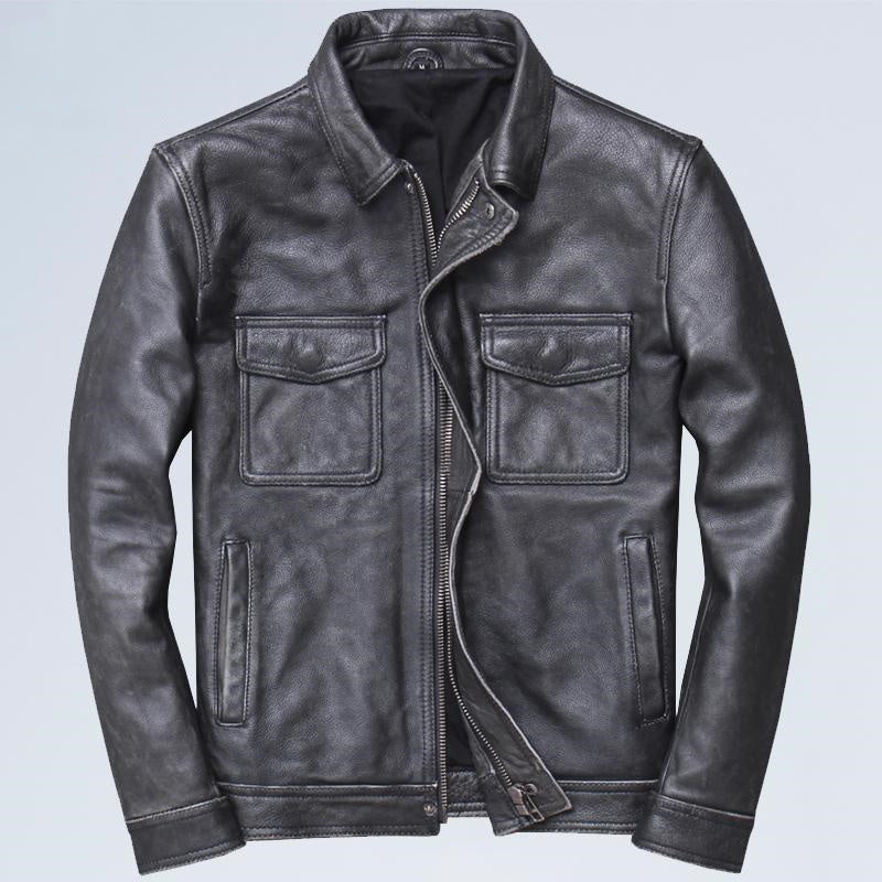 Chaqueta de cuero retro informal con solapa para hombre, de motociclista