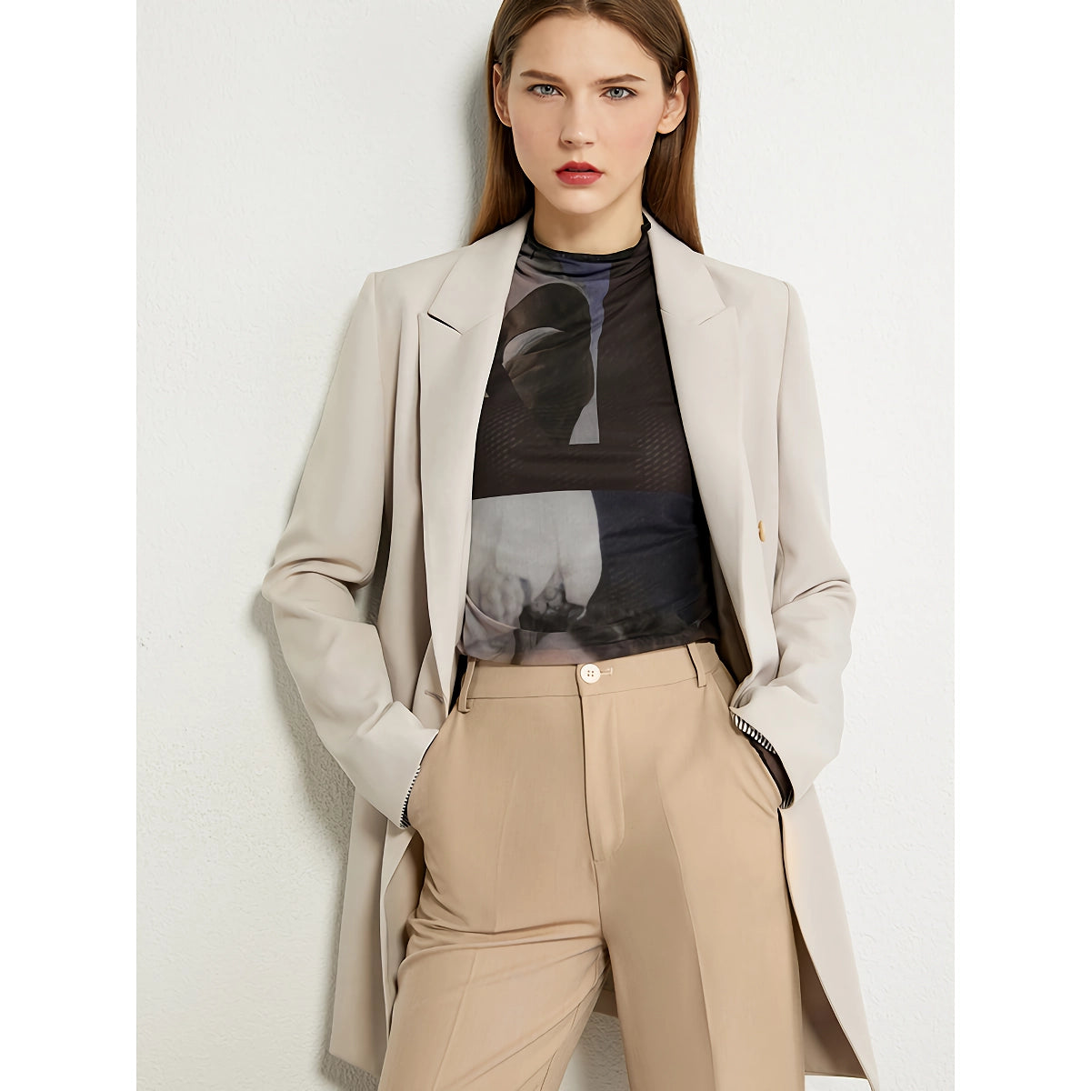 Minimalistisches Langarm-Mesh-T-Shirt für Damen
