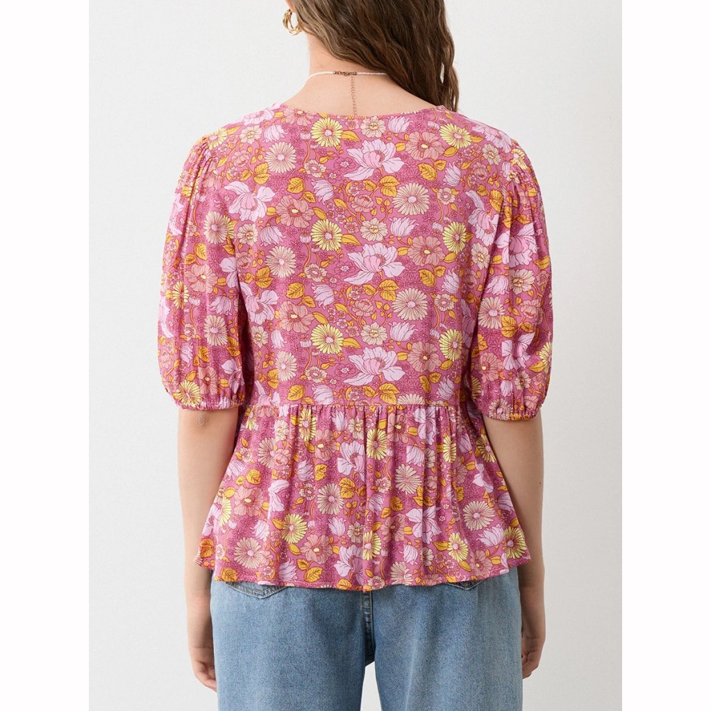 Blusa con escote en V y lazo con encaje floral