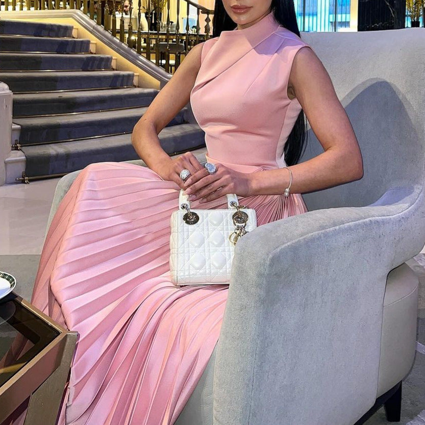 Vestido plisado de color sólido sin mangas Falda plisada con costuras de corte ajustado