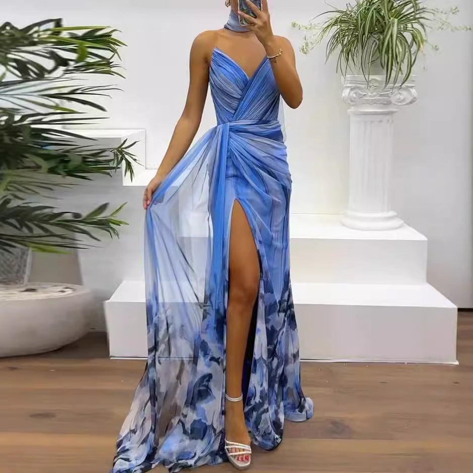 Vestido elegante con abertura y estampado sin mangas de moda de verano
