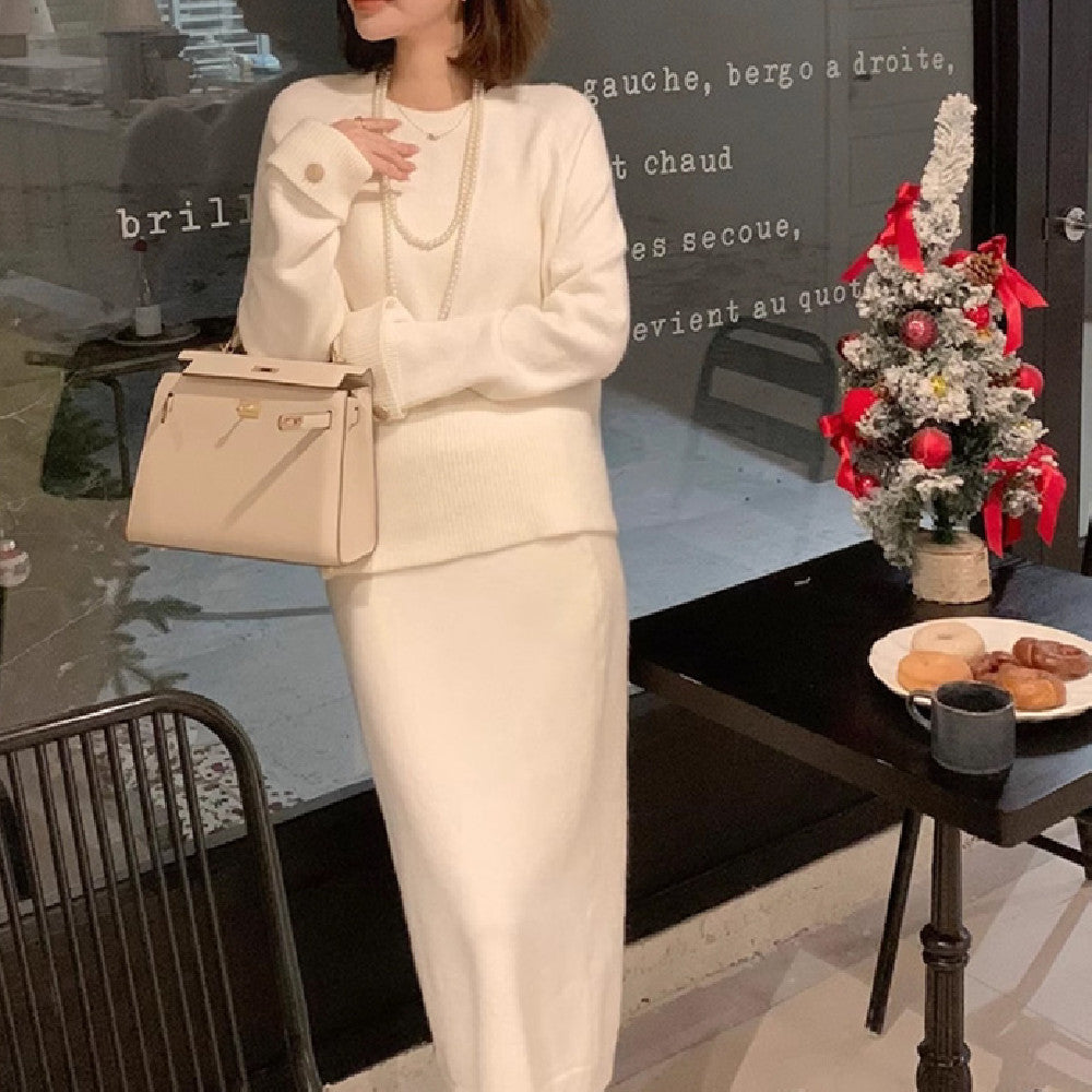 Vestido de punto interior rosa para mujer, otoño e invierno, para llevar un traje completo