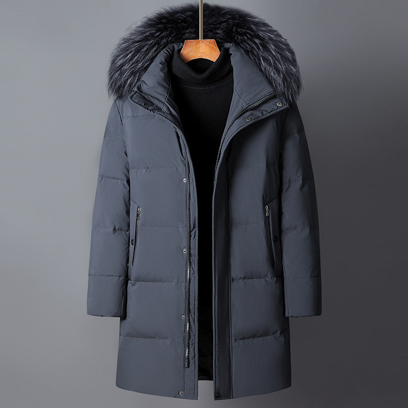 Mittellange, leichte, luxuriöse, verdickte, warme, kältebeständige Daunenjacke mit Kapuze und Pelzkragen