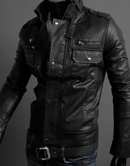 Fashionable Men's Stand Collar Motorcycle Leather Jacket