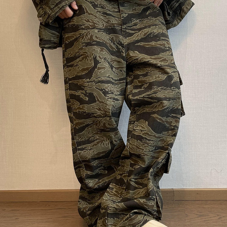 Pantalones de pierna recta para hombre con bolsillos y estampado de tigre holgados y camuflaje