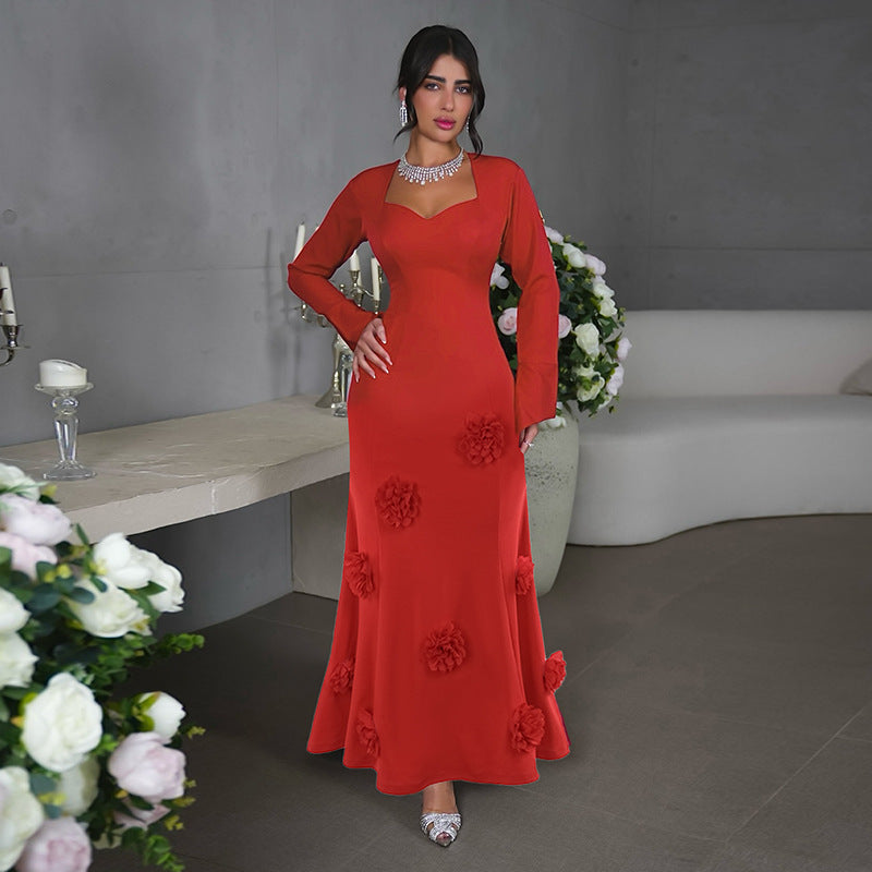 Vestido ajustado de moda con cuello de melocotón y flores para mujer