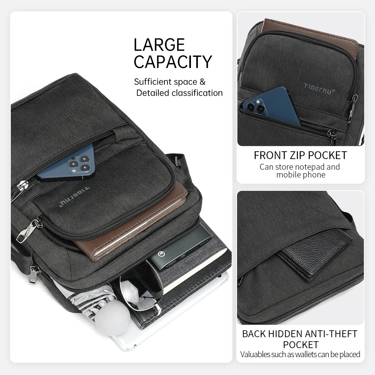 Wasserdichte Umhängetasche für Herren mit stoßfestem 9,7-Zoll-iPad-Fach