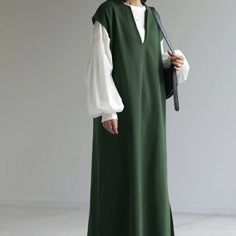 Vestido de lana con escote en V japonés y coreano para otoño e invierno
