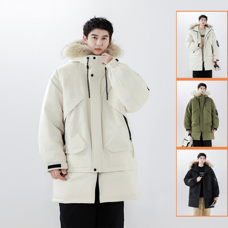 Plumón de pato blanco de 90 cm, estilo Hong Kong, largo medio, cuello de piel, desmontable, cálido y resistente al frío