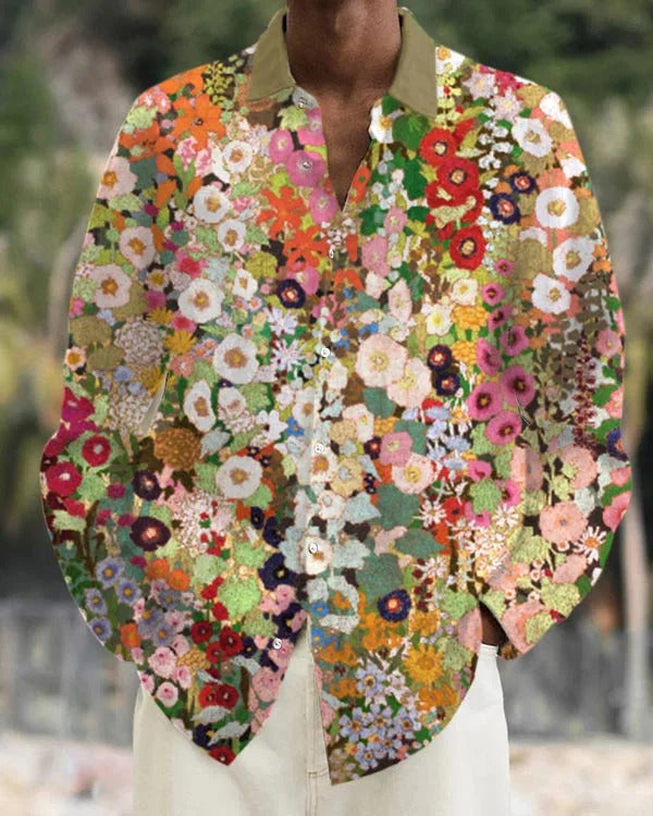 Camisa informal de manga larga con solapa y estampado 3D para hombre