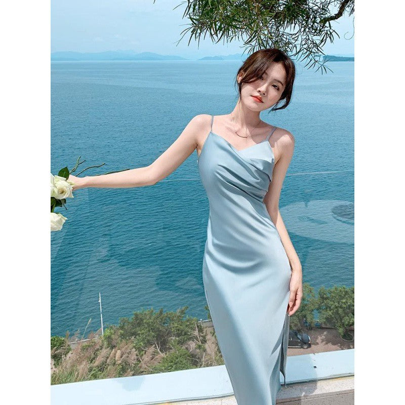 Französisch Stil Blau Sling Kleid frauen Sommer Satin