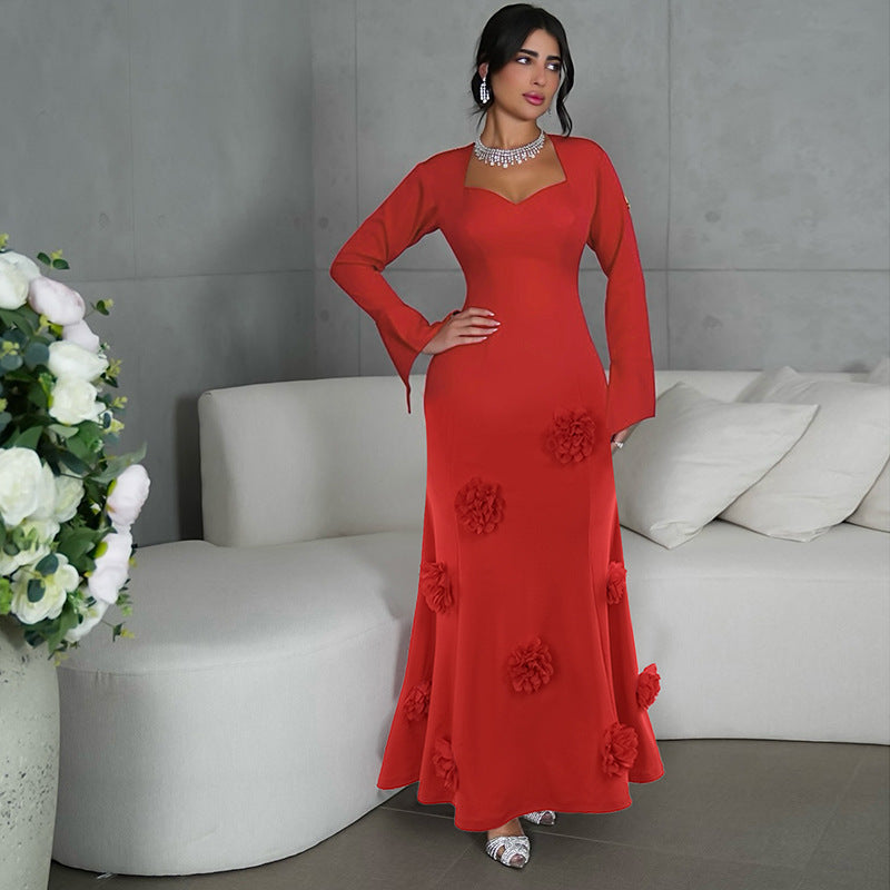 Vestido ajustado de moda con cuello de melocotón y flores para mujer