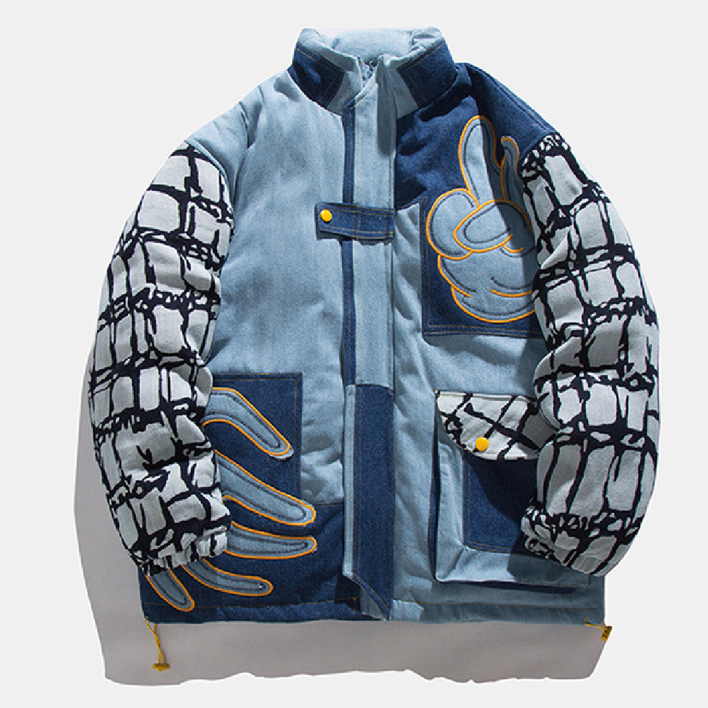 Baumwollmantel mit Stehkragen und Denim-Nähten