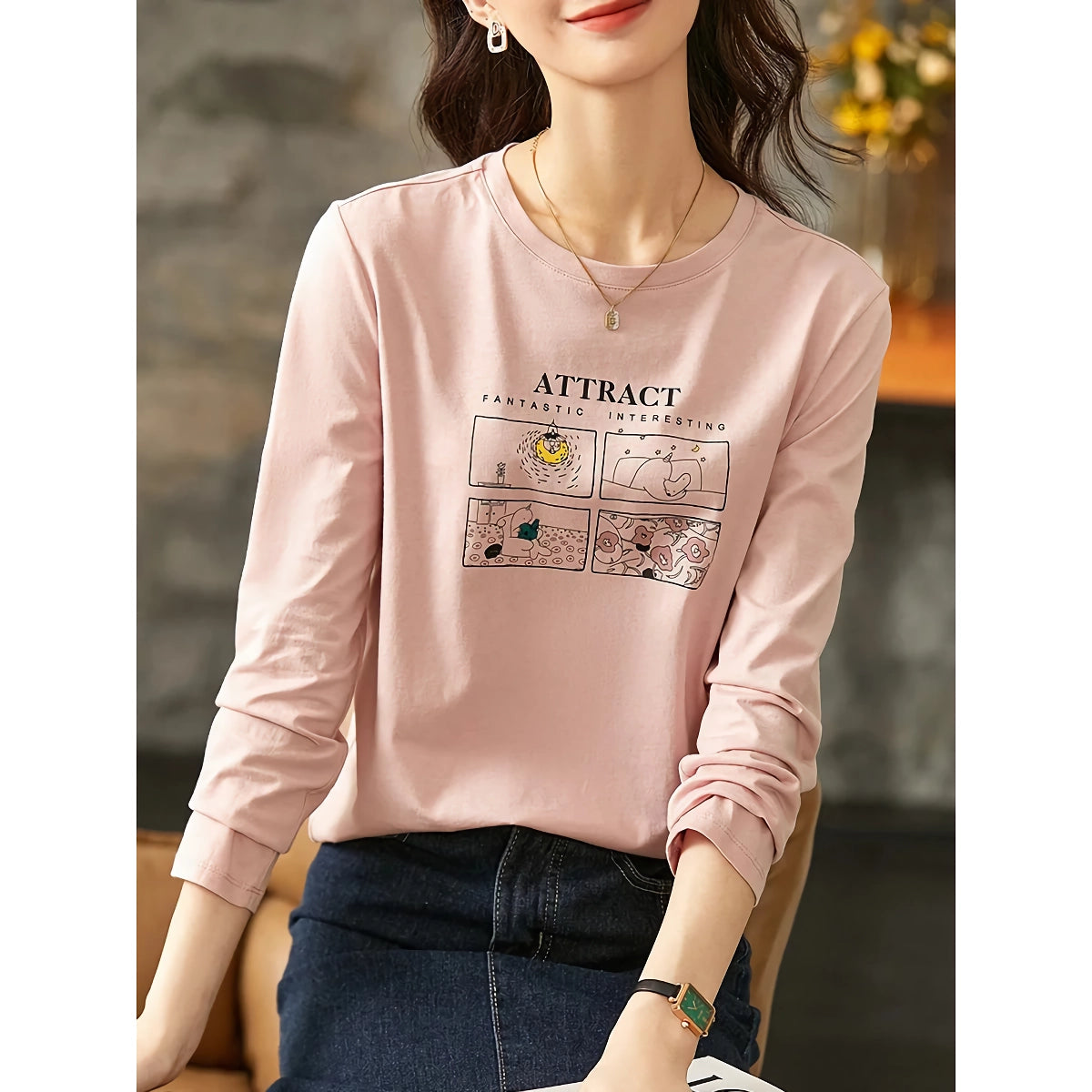 Suéter de otoño para mujer con cuello redondo y estampado de dibujos animados de algodón