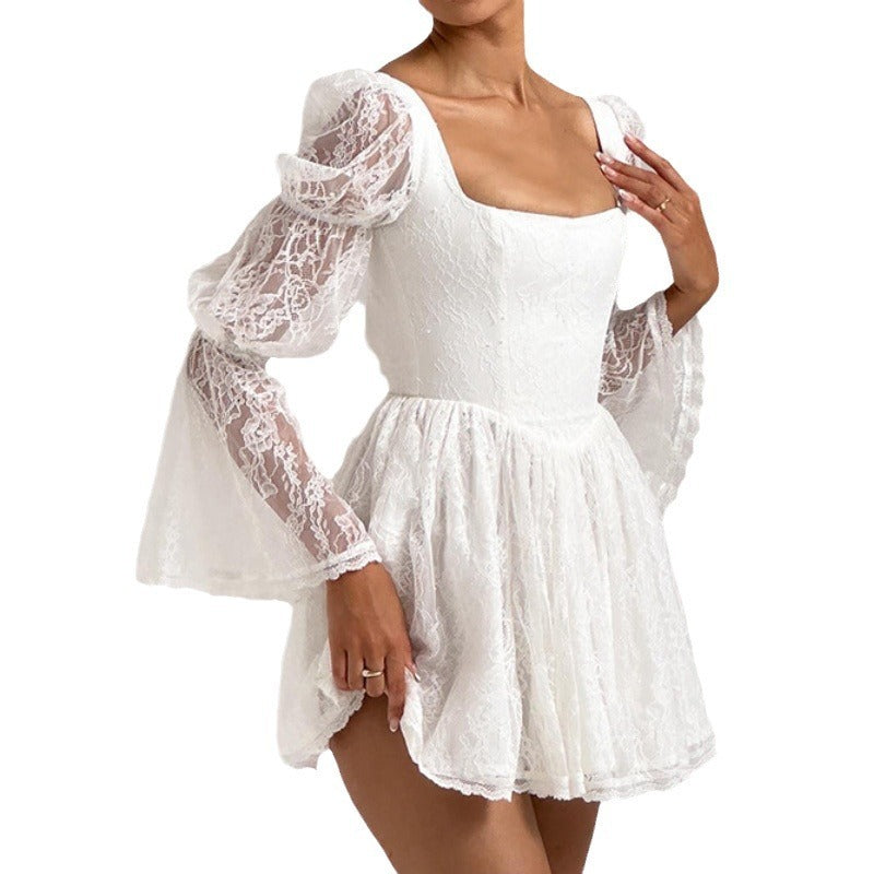 Vestido de otoño nuevo sexy de encaje con escote cuadrado y manga larga en la cintura