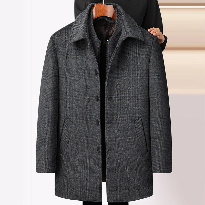 Herren Wollmantel Mittellang Fleece Plaid Abnehmbarer Doppelkragen