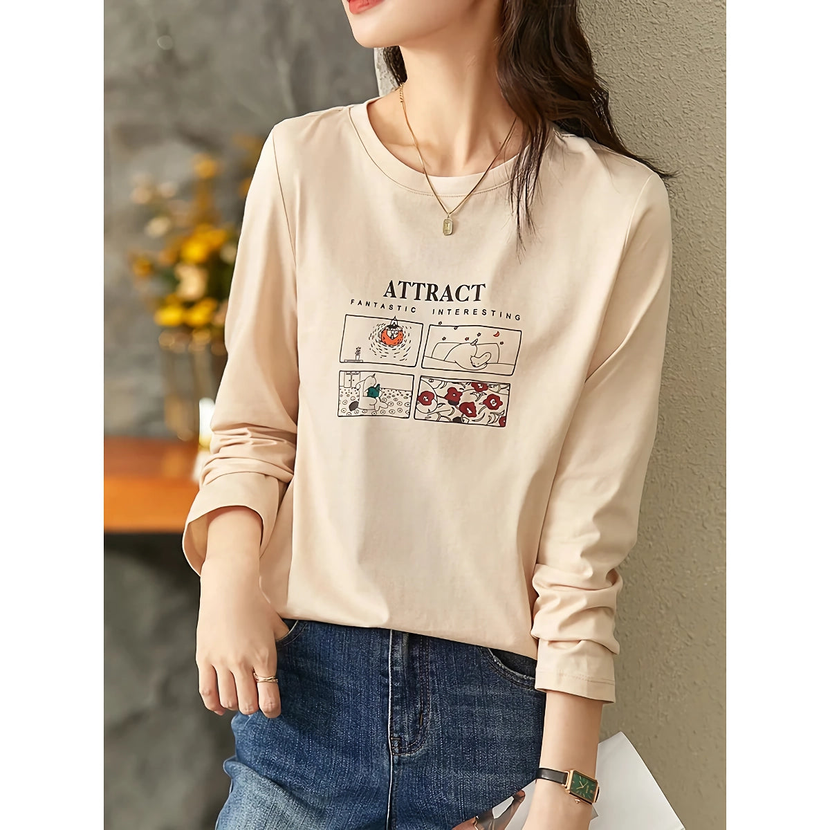Suéter de otoño para mujer con cuello redondo y estampado de dibujos animados de algodón