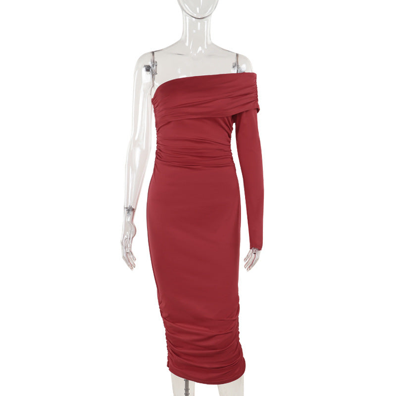 Vestido plisado de manga larga con un solo hombro para mujer