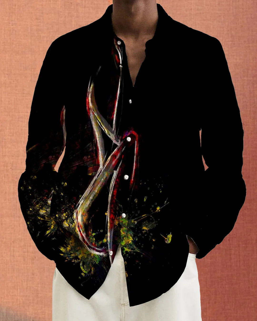 Camisa informal de manga larga con solapa y estampado 3D para hombre