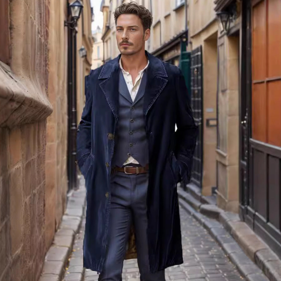 Herren Trenchcoat Cord Mittellang Einreihig