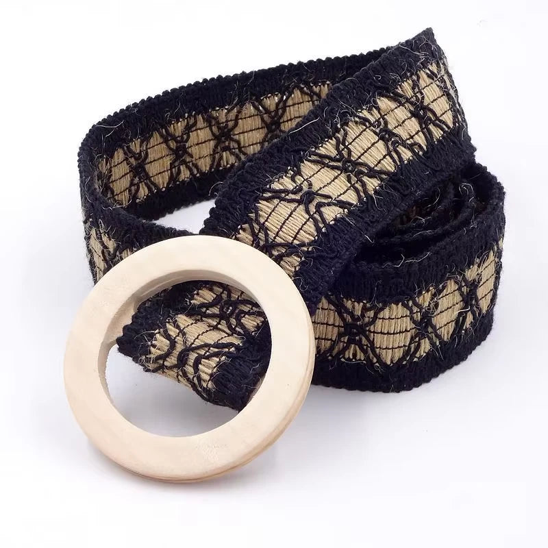 Cinturón de encaje de crochet estilo bohemio con hebilla de madera