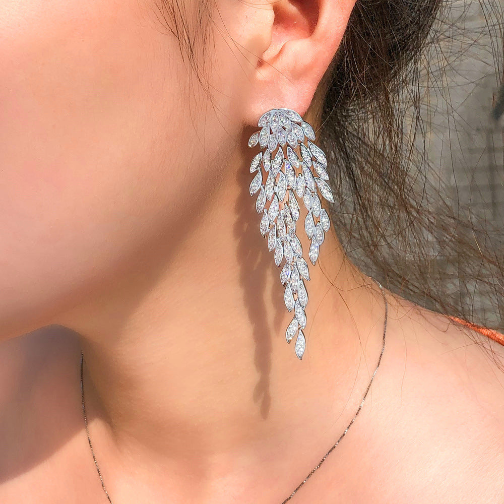 French Elegant Leaf Tassel Full Diamond Earrings - Dazpy