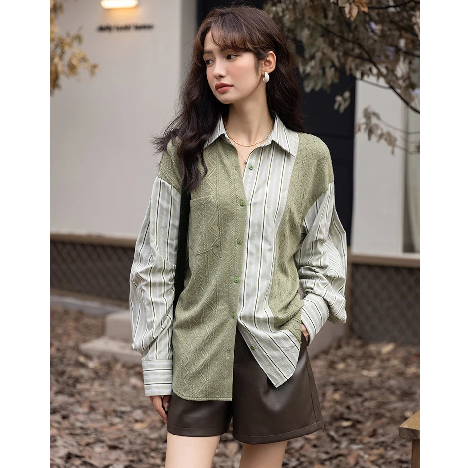 Herbst Koreanische Strick Patchwork Gestreiften Turndown Kragen Casual Tops für Frauen