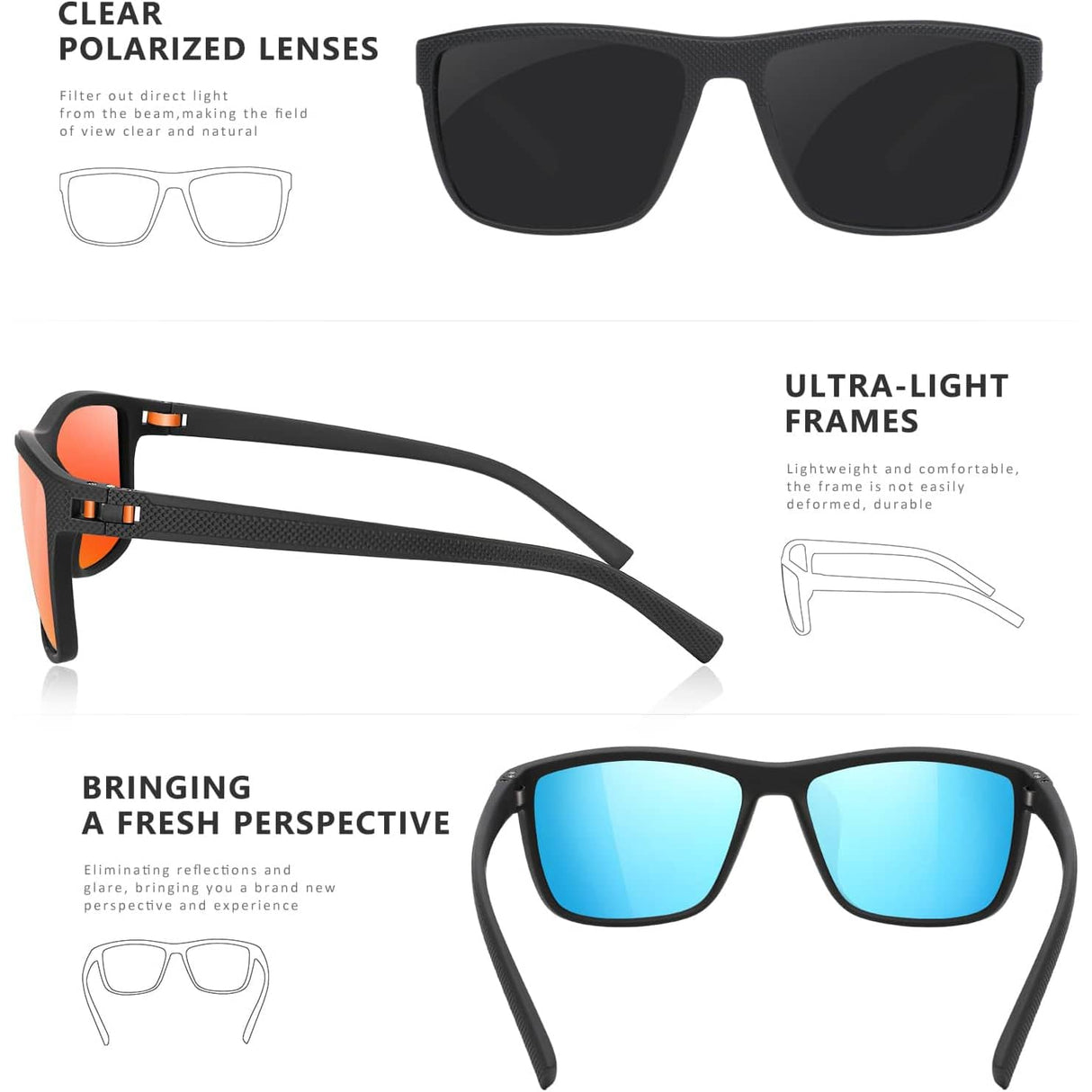 3 gafas de sol polarizadas cuadradas
