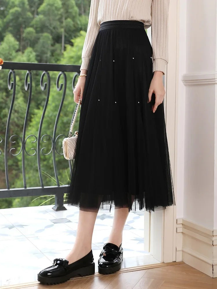 Falda elegante de malla de talle alto en forma de A