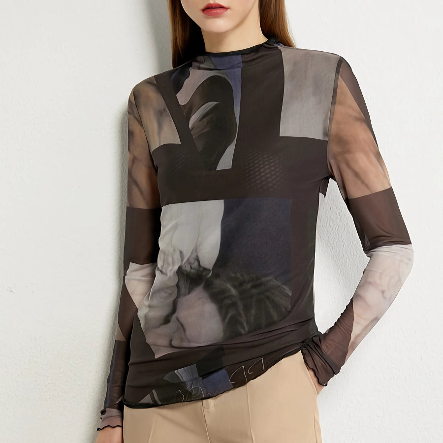 Minimalistisches Langarm-Mesh-T-Shirt für Damen