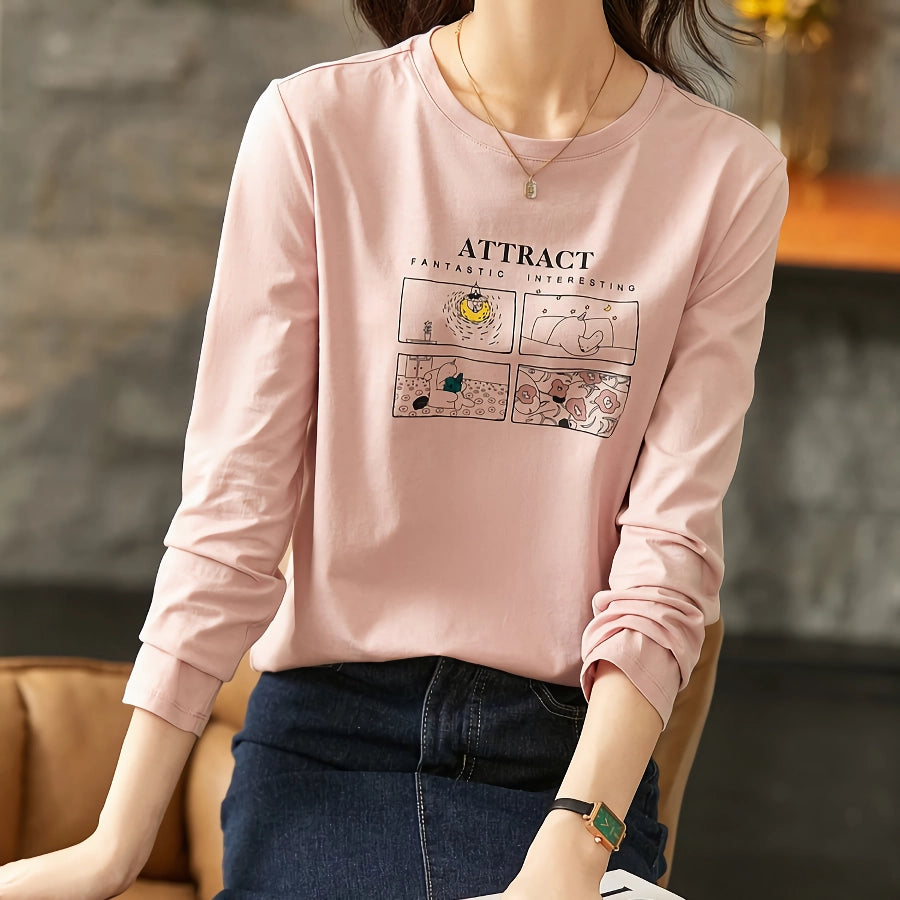 Suéter de otoño para mujer con cuello redondo y estampado de dibujos animados de algodón