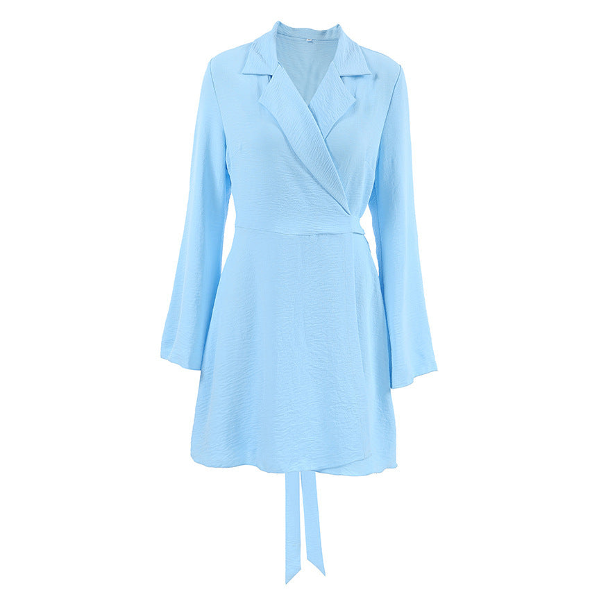 Französisches blaues Bauchdecken-Schnürkleid, modische Blasenfalten, Pendlerkleidung für Damen