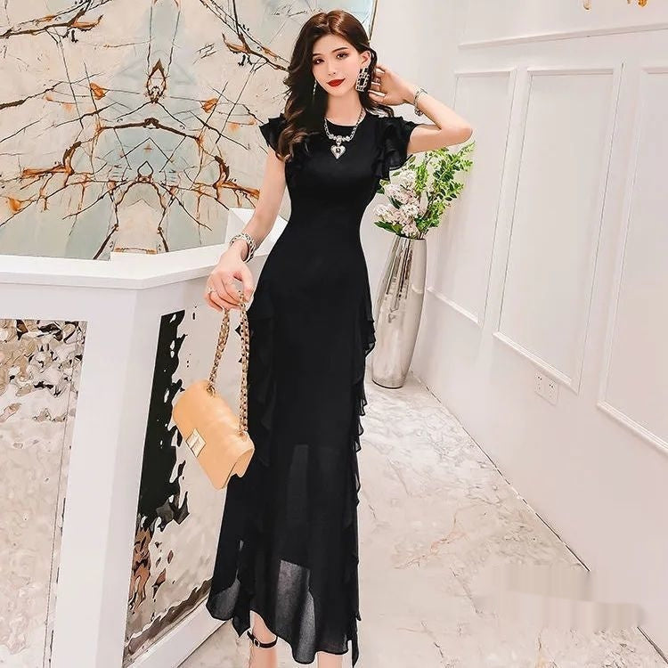 Vestido largo ajustado con cintura fruncida y volantes para mujer