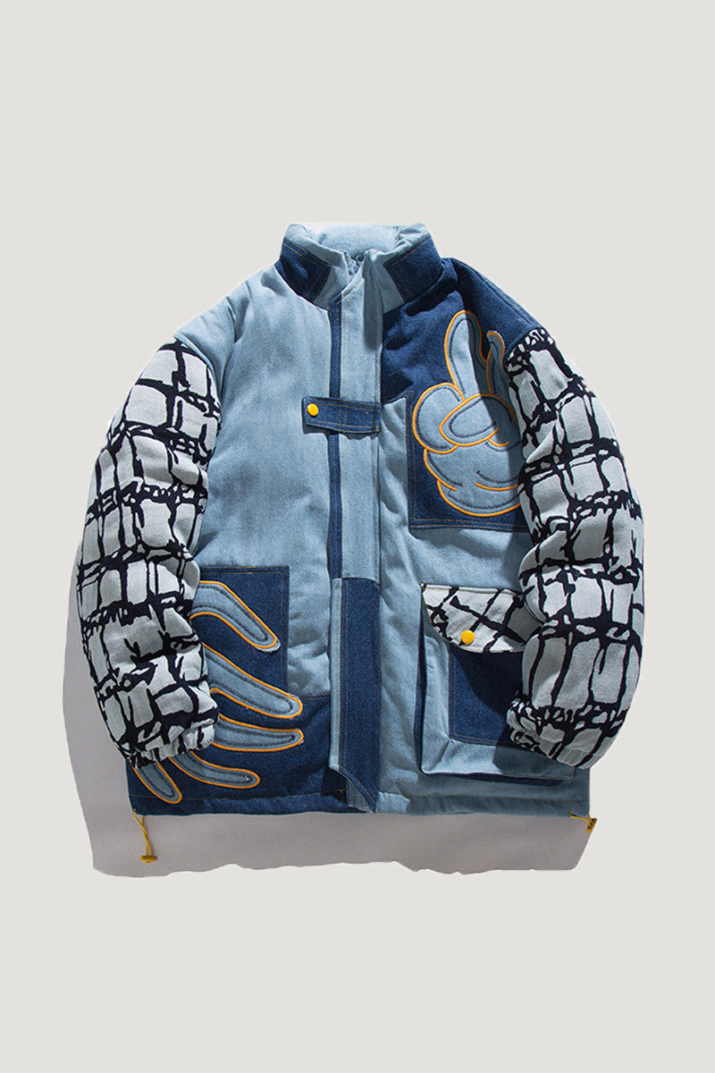 Baumwollmantel mit Stehkragen und Denim-Nähten