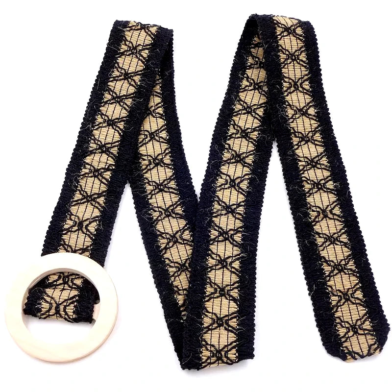 Cinturón de encaje de crochet estilo bohemio con hebilla de madera