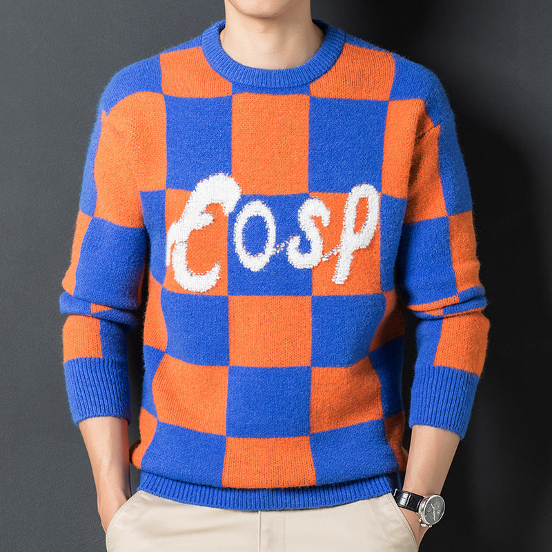 Suéter de cuadros con cuello redondo, suave, cálido y grueso