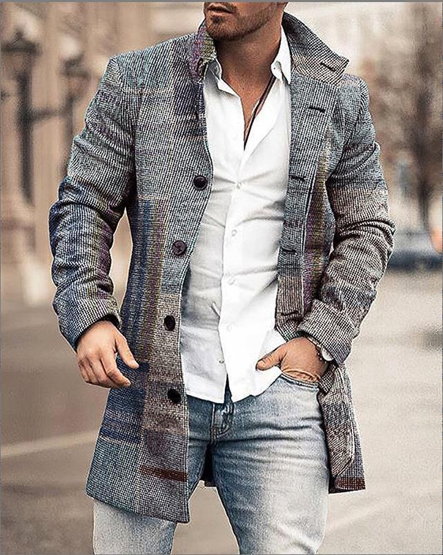 Abrigo informal de lana con cuello alto y bolsillos de longitud media para hombre para otoño e invierno