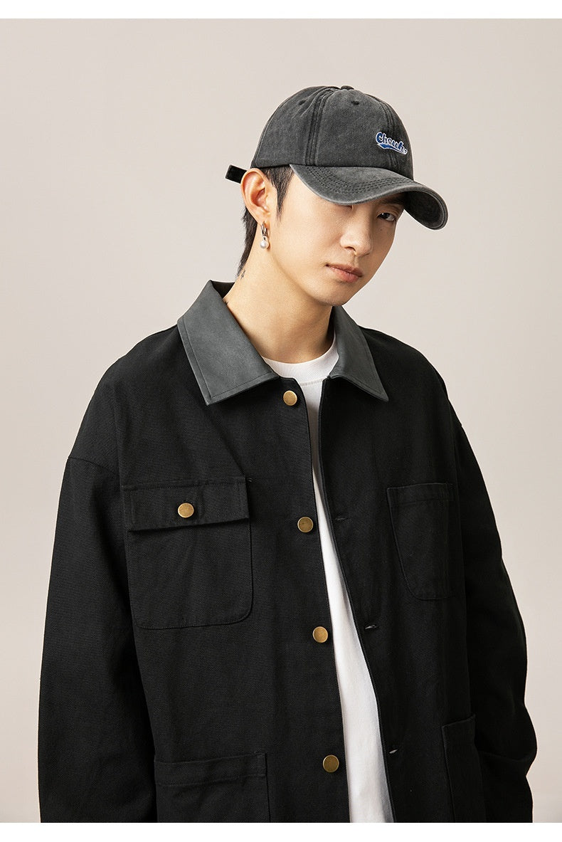 Chaqueta de trabajo estilo japonés con solapas de color en contraste y múltiples bolsillos