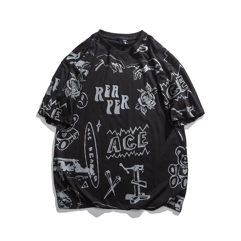 Hermosa camiseta de manga corta con estampado completo y cuello redondo con letras
